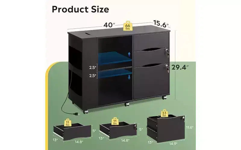 Meuble Classeur DEXYLLO avec serrure, classeurs latéraux mobiles à roulettes à 3 tiroirs avec station de charge, support d'imprimante avec rangement ouvert
