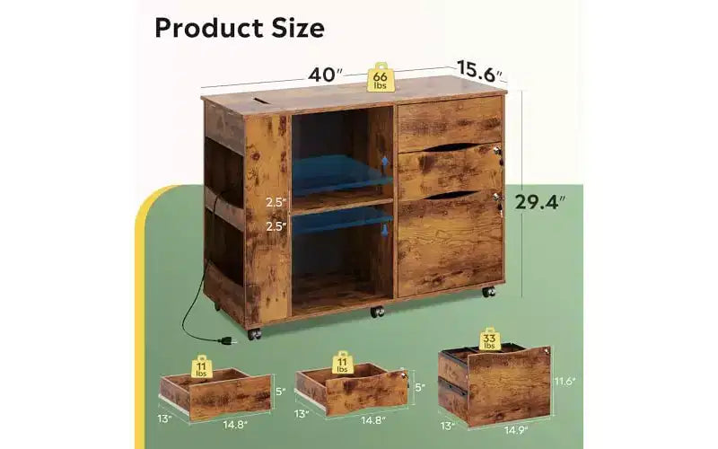Meuble Classeur DEXYLLO avec serrure, classeurs latéraux mobiles à roulettes à 3 tiroirs avec station de charge, support d'imprimante avec rangement ouvert