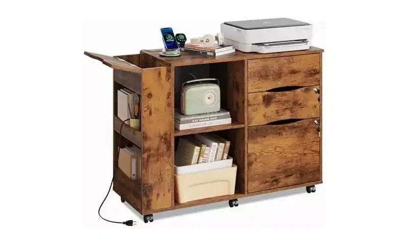 Meuble Classeur DEXYLLO avec serrure, classeurs latéraux mobiles à roulettes à 3 tiroirs avec station de charge, support d'imprimante avec rangement ouvert
