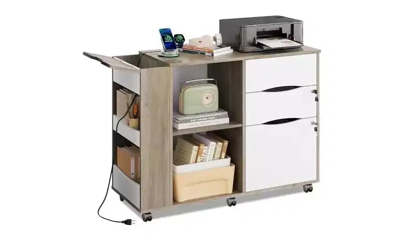 Meuble Classeur DEXYLLO avec serrure, classeurs latéraux mobiles à roulettes à 3 tiroirs avec station de charge, support d'imprimante avec rangement ouvert