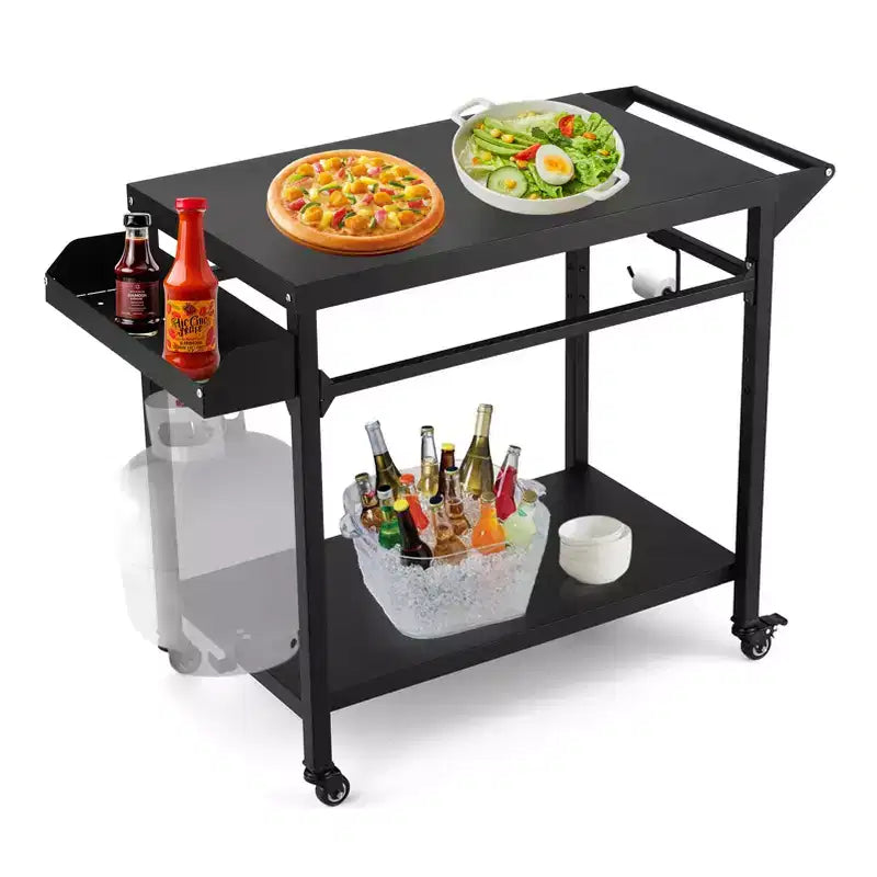 Chariot de barbecue extérieur avec roulettes verrouillables, plateau de rangement, poignée latérale pour terrasse, jardin, camping