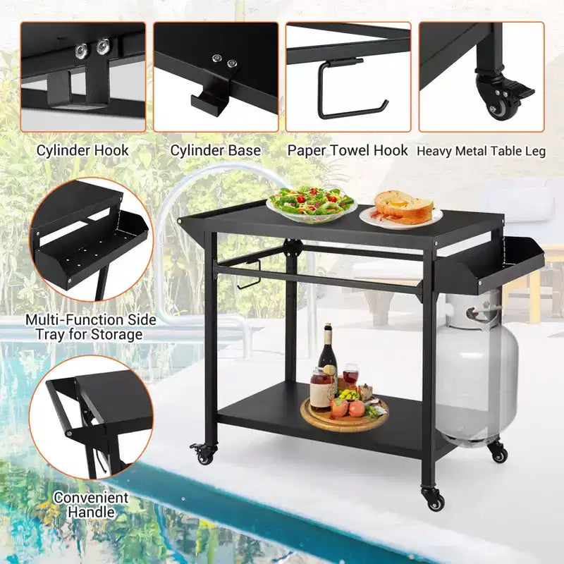 Chariot de barbecue extérieur avec roulettes verrouillables, plateau de rangement, poignée latérale pour terrasse, jardin, camping