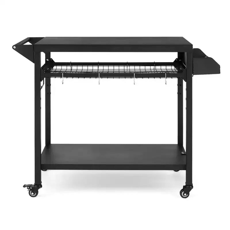 Chariot de barbecue extérieur avec roulettes verrouillables, plateau de rangement, poignée latérale pour terrasse, jardin, camping