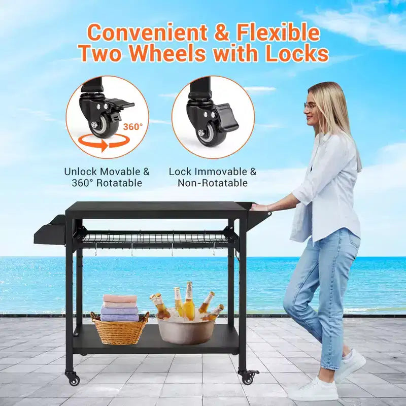 Chariot de barbecue extérieur avec roulettes verrouillables, plateau de rangement, poignée latérale pour terrasse, jardin, camping