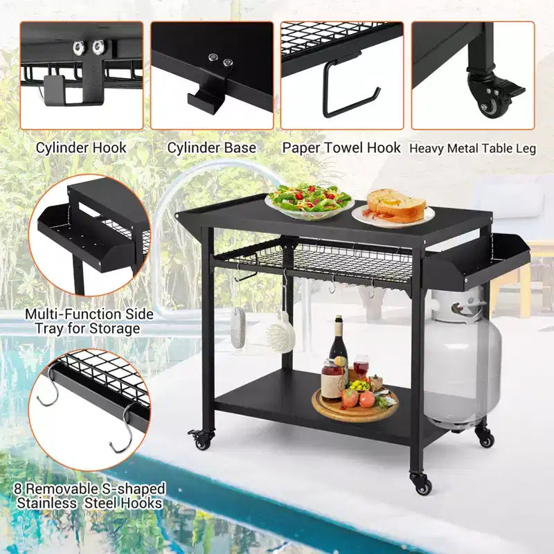 Chariot de barbecue extérieur avec roulettes verrouillables, plateau de rangement, poignée latérale pour terrasse, jardin, camping