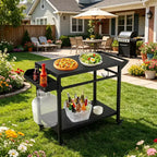 Chariot de barbecue extérieur avec roulettes verrouillables, plateau de rangement, poignée latérale pour terrasse, jardin, camping