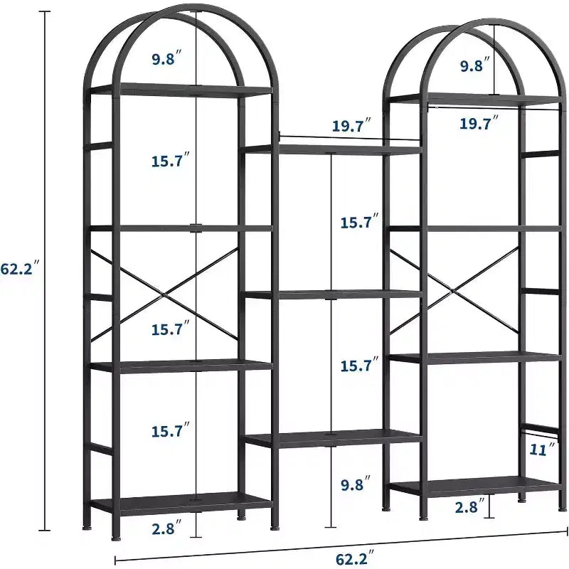 Étagère arquée à 4 niveaux, 11 étagères ouvertes, cadre en métal et étagères en bois, grand rayonnage de rangement sur pied pour salon, chambre à coucher, bureau à domicile
