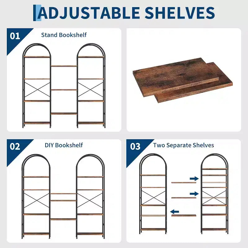 Étagère arquée à 4 niveaux, 11 étagères ouvertes, cadre en métal et étagères en bois, grand rayonnage de rangement sur pied pour salon, chambre à coucher, bureau à domicile