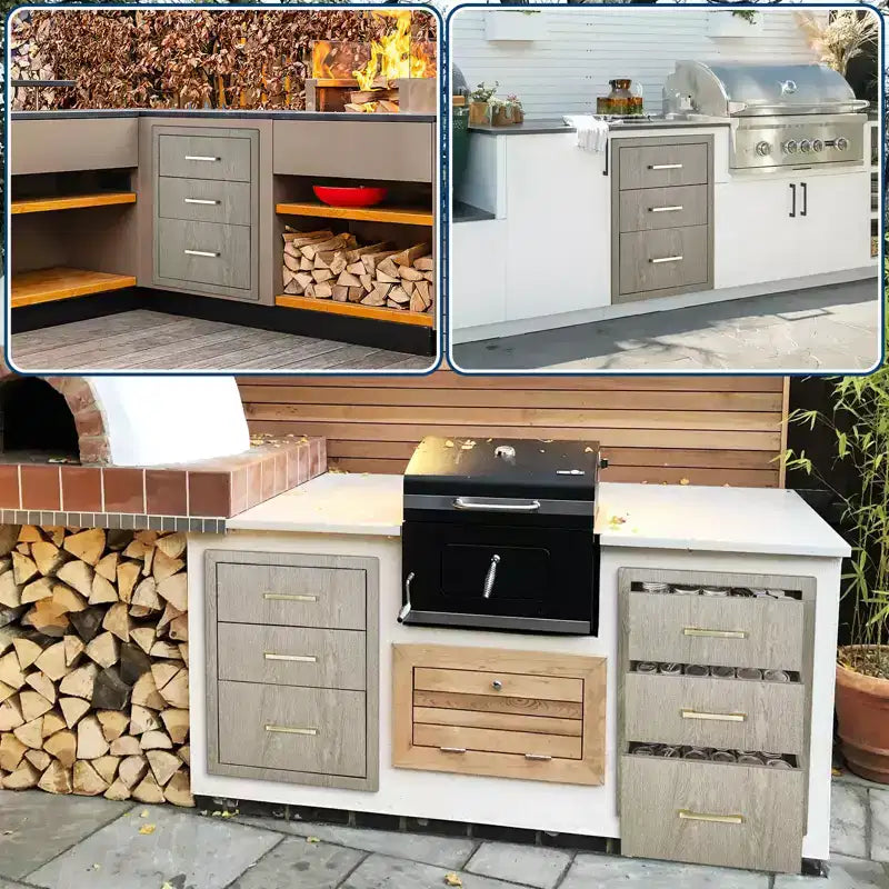 Tiroir de rangement triple en acier inoxydable robuste, montage encastré résistant aux intempéries pour îlot de cuisine extérieur et barbecue
