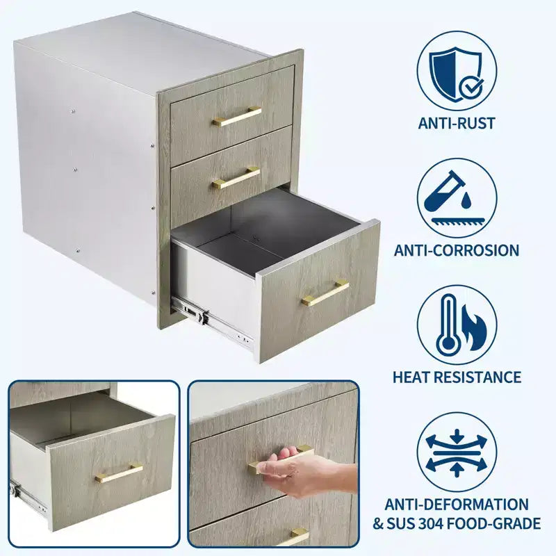 Tiroir de rangement triple en acier inoxydable robuste, montage encastré résistant aux intempéries pour îlot de cuisine extérieur et barbecue
