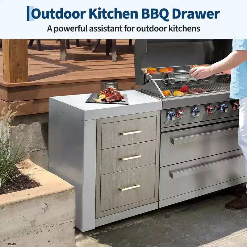 Tiroir de rangement triple en acier inoxydable robuste, montage encastré résistant aux intempéries pour îlot de cuisine extérieur et barbecue