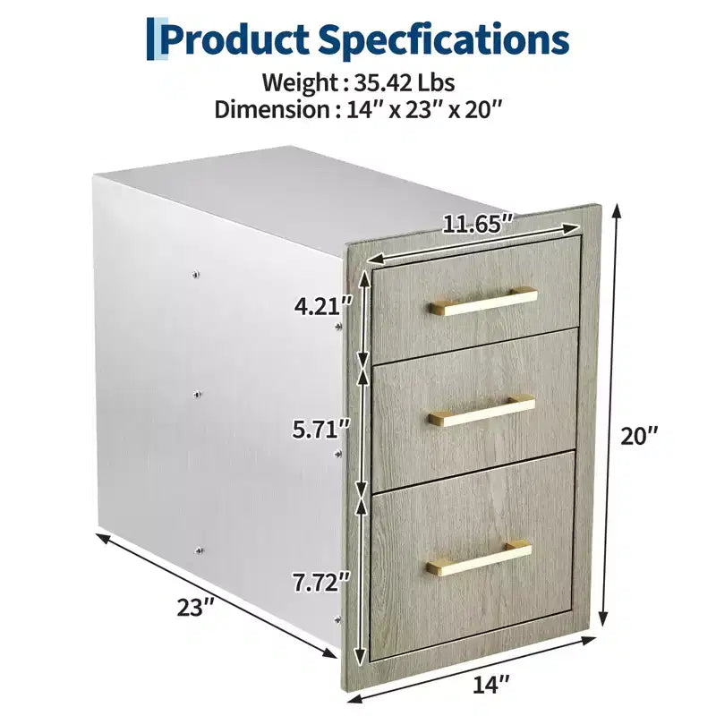 Tiroir de rangement triple en acier inoxydable robuste, montage encastré résistant aux intempéries pour îlot de cuisine extérieur et barbecue
