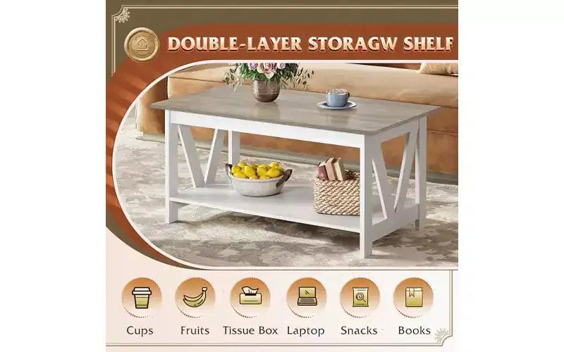 Table Basse DEXYLLO avec Étagère de Rangement, Table Basse de Ferme de 100 cm avec Support en V