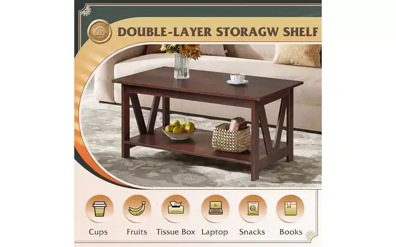 Table Basse DEXYLLO avec Étagère de Rangement, Table Basse de Ferme de 100 cm avec Support en V