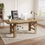 LinTime Grande table de salle à manger de style ferme de 180 cm pour 6 à 8 personnes - Table rectangulaire en bois robuste - Plateau épais et pieds triangulaires solides - Pour cuisine