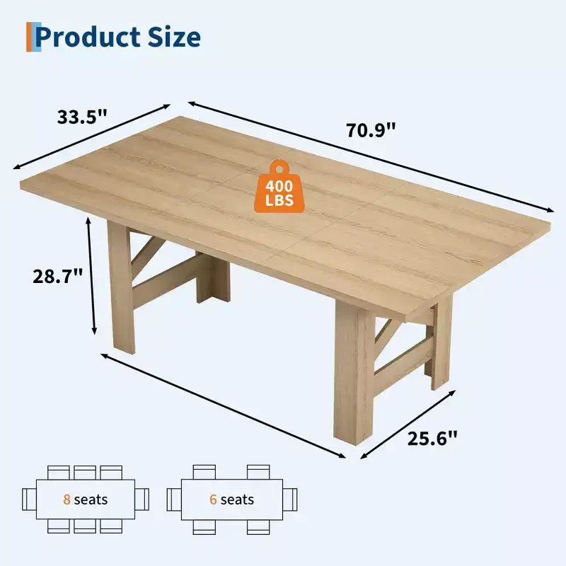 LinTime Grande table de salle à manger de style ferme de 180 cm pour 6 à 8 personnes - Table rectangulaire en bois robuste - Plateau épais et pieds triangulaires solides - Pour cuisine