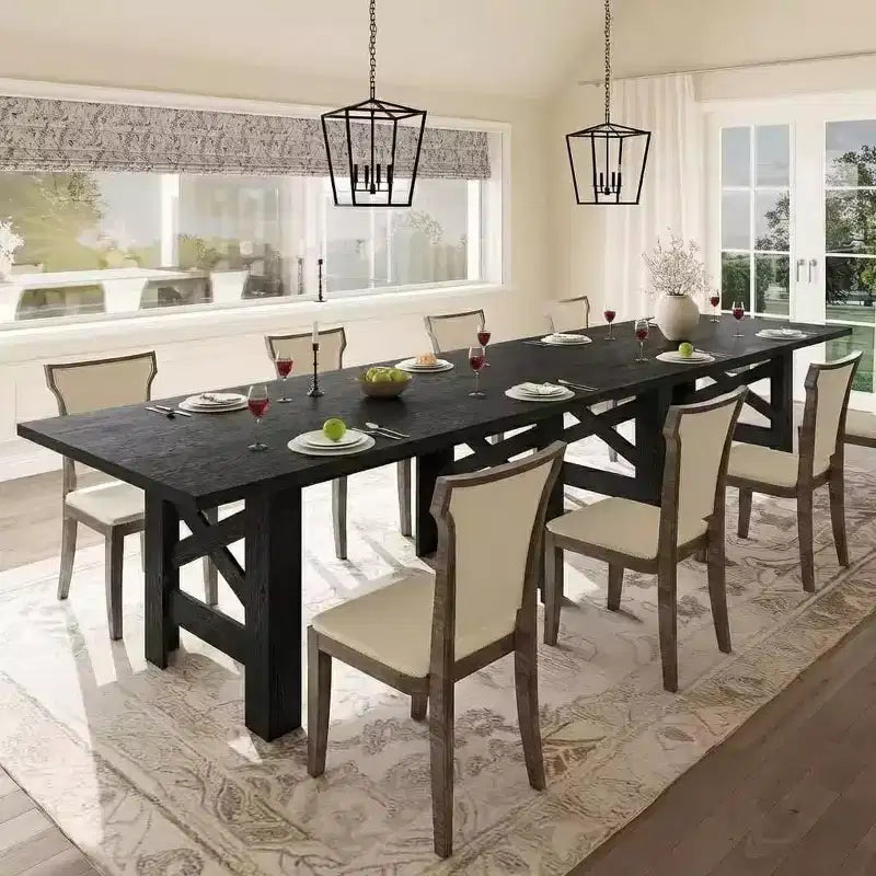 LinTime Grande table de salle à manger de style ferme de 180 cm pour 6 à 8 personnes - Table rectangulaire en bois robuste - Plateau épais et pieds triangulaires solides - Pour cuisine