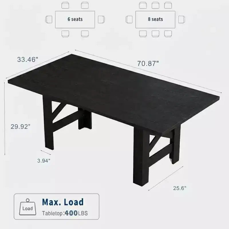 LinTime Grande table de salle à manger de style ferme de 180 cm pour 6 à 8 personnes - Table rectangulaire en bois robuste - Plateau épais et pieds triangulaires solides - Pour cuisine
