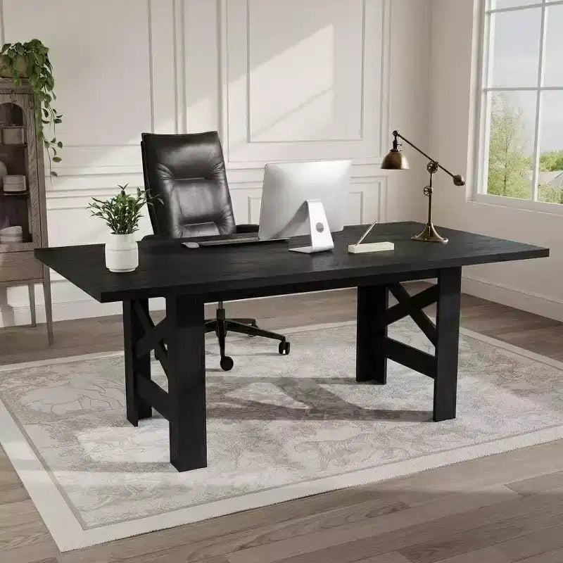 LinTime Grande table de salle à manger de style ferme de 180 cm pour 6 à 8 personnes - Table rectangulaire en bois robuste - Plateau épais et pieds triangulaires solides - Pour cuisine