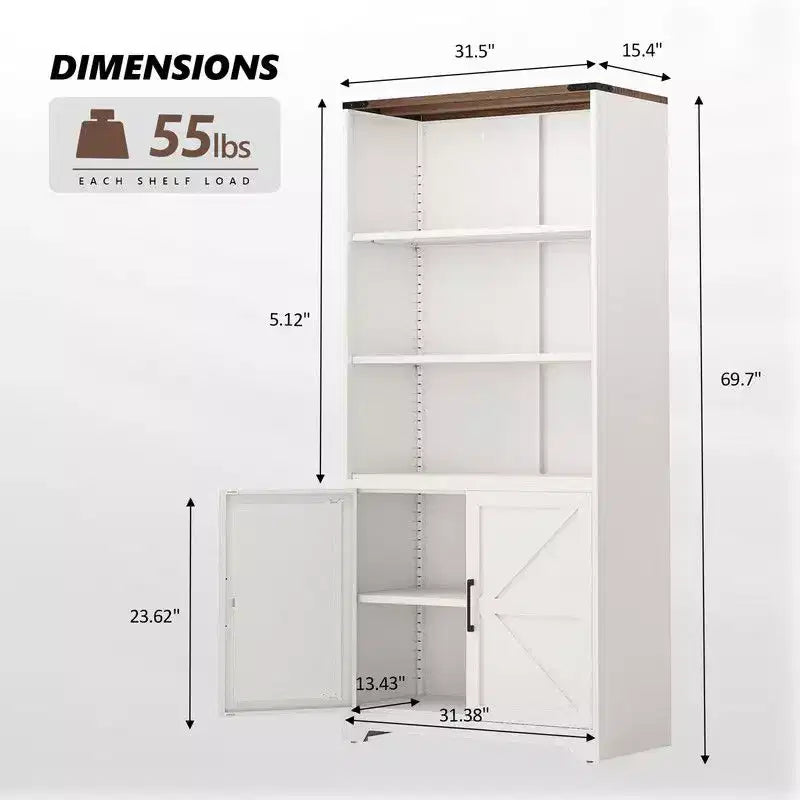 Meuble de rangement bibliothèque en acier à 3 étagères et porte de grange