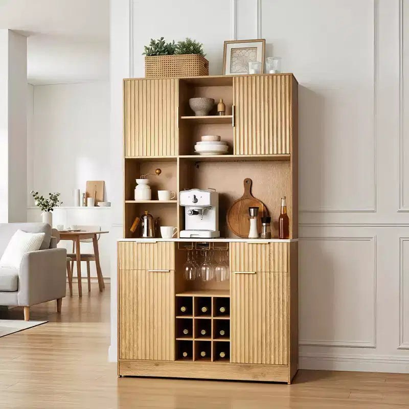 Meuble à vin VEVOR, bar à café avec 9 casiers à bouteilles de vin, buffet moderne avec porte-verres, éclairage LED, station de charge, naturel