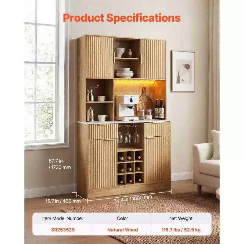 Meuble à vin VEVOR, bar à café avec 9 casiers à bouteilles de vin, buffet moderne avec porte-verres, éclairage LED, station de charge, naturel
