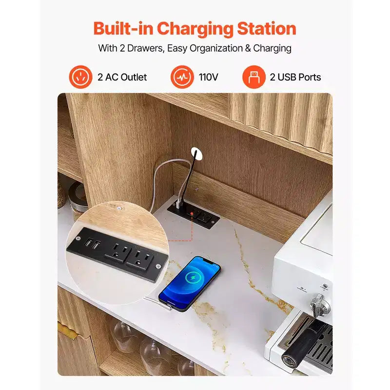 Meuble à vin VEVOR, bar à café avec 9 casiers à bouteilles de vin, buffet moderne avec porte-verres, éclairage LED, station de charge, naturel