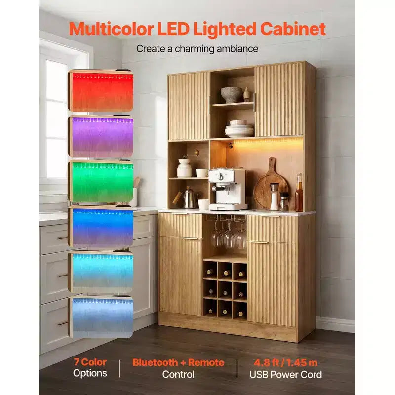 Meuble à vin VEVOR, bar à café avec 9 casiers à bouteilles de vin, buffet moderne avec porte-verres, éclairage LED, station de charge, naturel