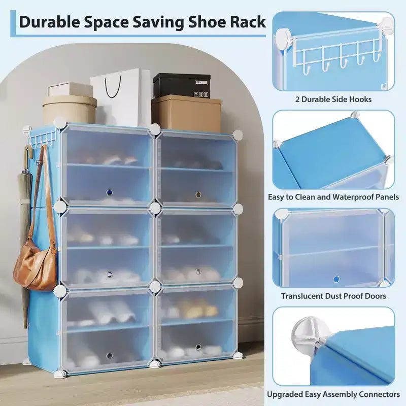 Étagère à chaussures 6 niveaux double rangée avec crochets, Meuble de rangement autoportant 12 casiers pour placard, entrée et chambre, Noir