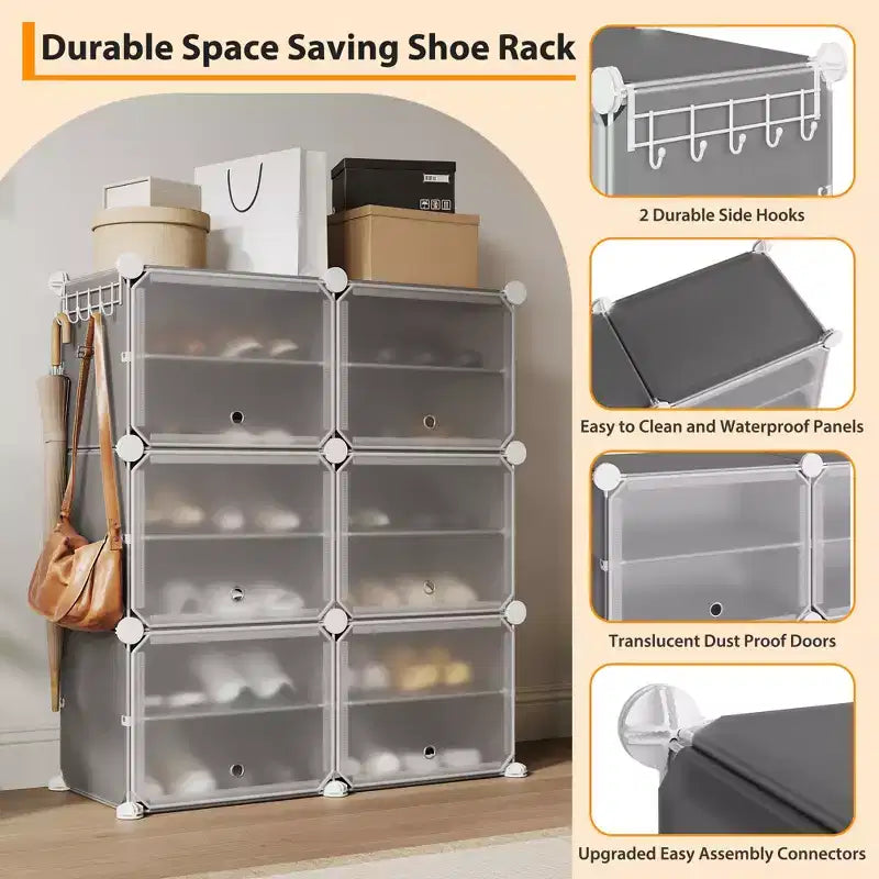 Étagère à chaussures 6 niveaux double rangée avec crochets, Meuble de rangement autoportant 12 casiers pour placard, entrée et chambre, Noir