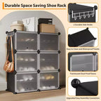 Étagère à chaussures 6 niveaux double rangée avec crochets, Meuble de rangement autoportant 12 casiers pour placard, entrée et chambre, Noir