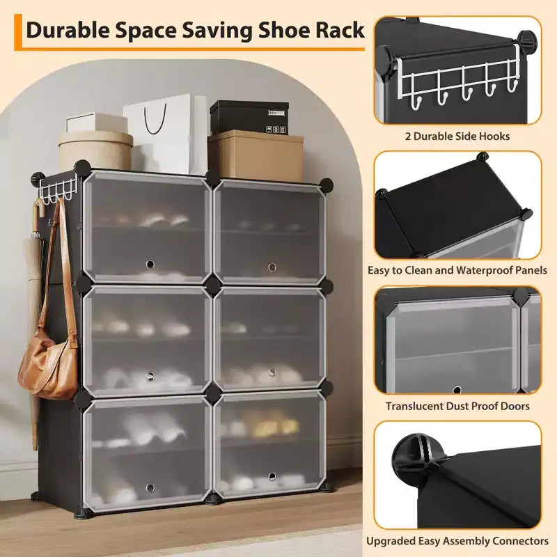 Étagère à chaussures 6 niveaux double rangée avec crochets, Meuble de rangement autoportant 12 casiers pour placard, entrée et chambre, Noir