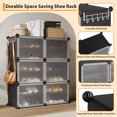 Étagère à chaussures 6 niveaux double rangée avec crochets, Meuble de rangement autoportant 12 casiers pour placard, entrée et chambre, Noir
