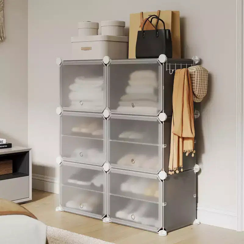 Étagère à chaussures 6 niveaux double rangée avec crochets, Meuble de rangement autoportant 12 casiers pour placard, entrée et chambre, Noir