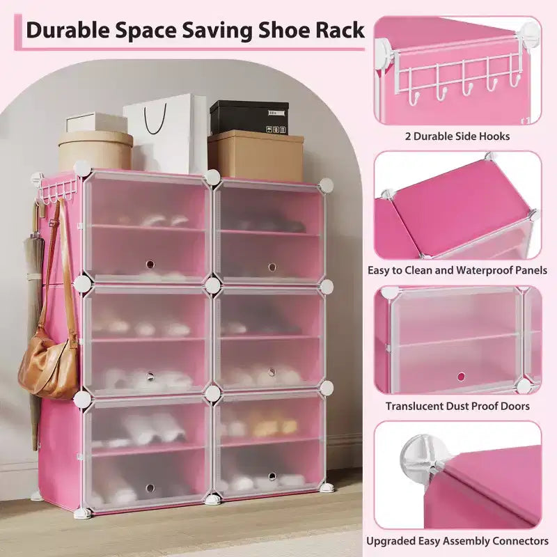 Étagère à chaussures 6 niveaux double rangée avec crochets, Meuble de rangement autoportant 12 casiers pour placard, entrée et chambre, Noir