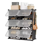 6-Tier Double Row Shoe Rack Organizer with Hooks, Freestanding 12-Cubby Footwear Storage Shelf Unit for Closet Entryway & Bedroom, Black