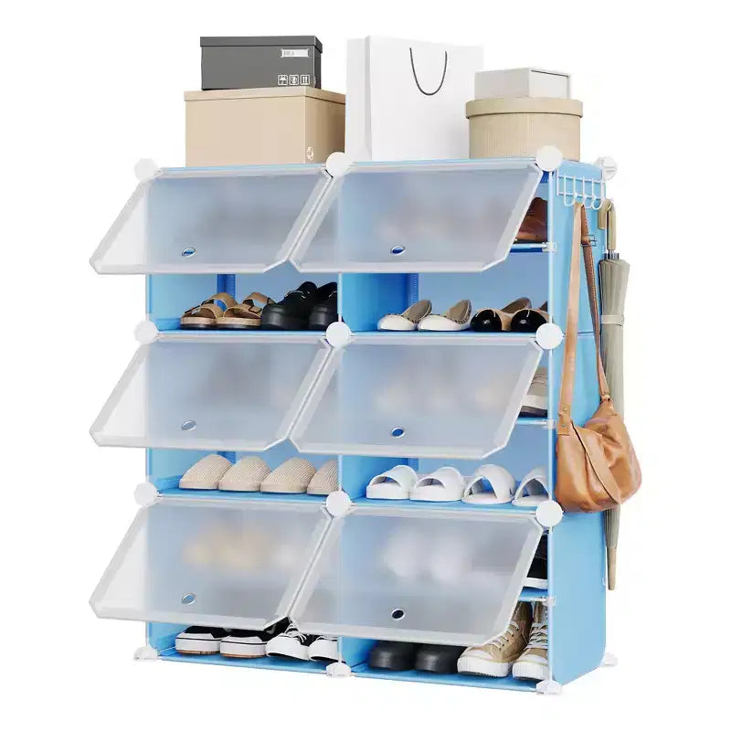 Étagère à chaussures 6 niveaux double rangée avec crochets, Meuble de rangement autoportant 12 casiers pour placard, entrée et chambre, Noir