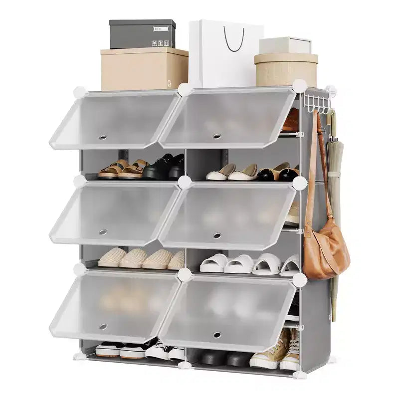 Étagère à chaussures 6 niveaux double rangée avec crochets, Meuble de rangement autoportant 12 casiers pour placard, entrée et chambre, Noir