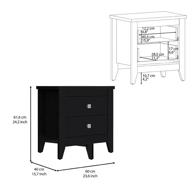 HomeRoots Table de chevet à deux tiroirs en bois noir 24 po