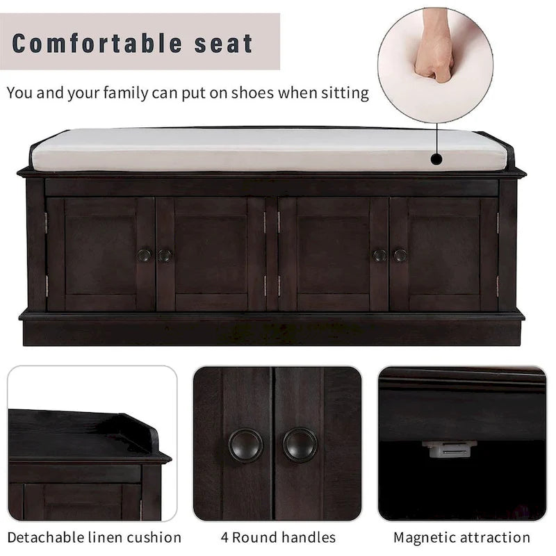 Banc de rangement capitonné multifonction 4 portes Farmhouse 42.70 avec étagères réglables et range-chaussures pour entrée