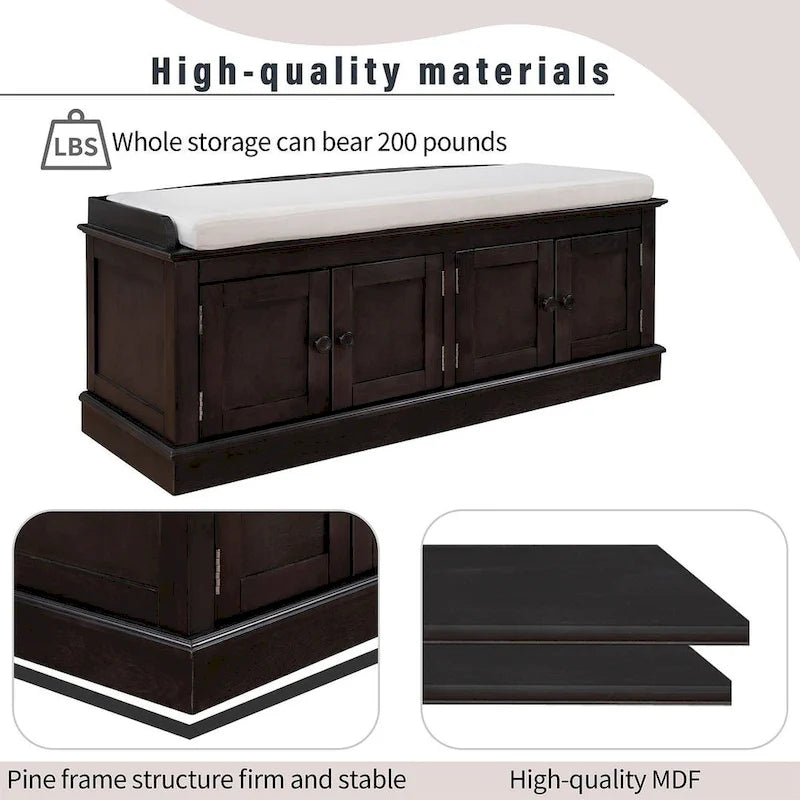 Banc de rangement capitonné multifonction 4 portes Farmhouse 42.70 avec étagères réglables et range-chaussures pour entrée