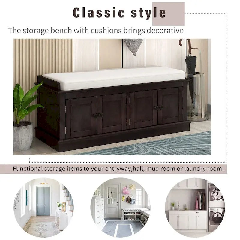 Banc de rangement capitonné multifonction 4 portes Farmhouse 42.70 avec étagères réglables et range-chaussures pour entrée