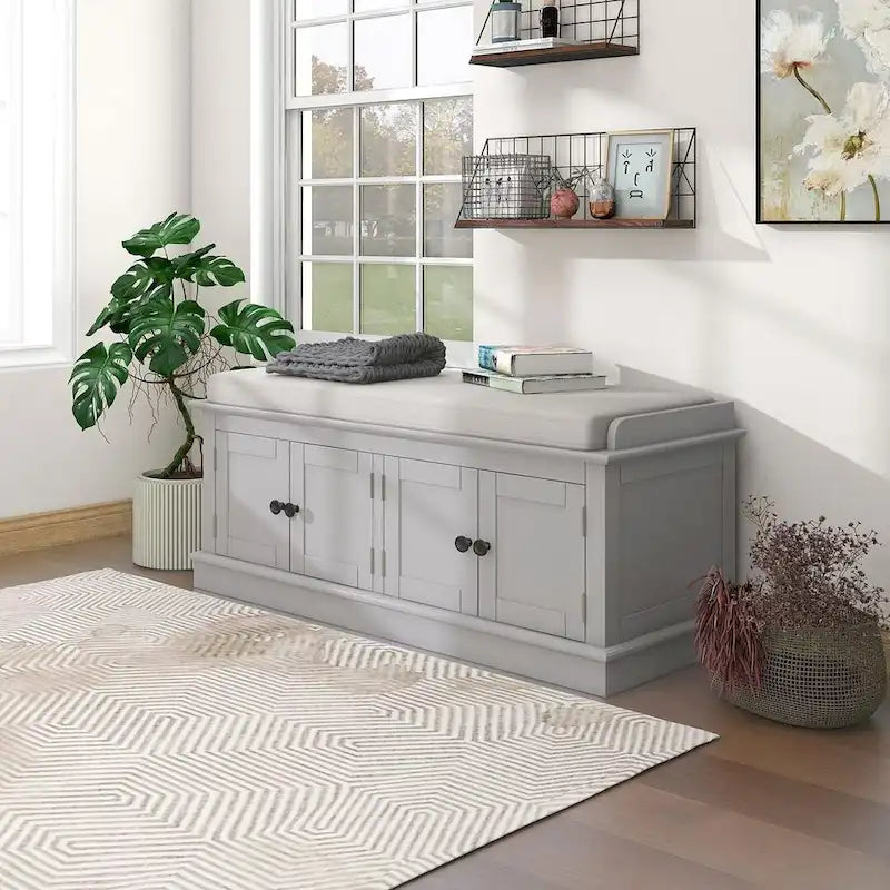 Banc de rangement capitonné multifonction 4 portes Farmhouse 42.70 avec étagères réglables et range-chaussures pour entrée