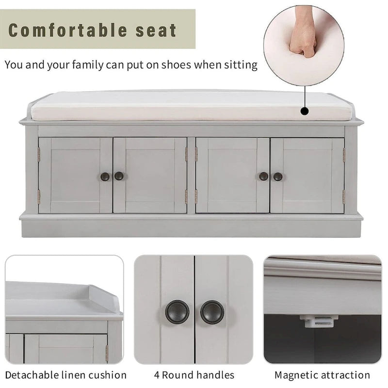 Banc de rangement capitonné multifonction 4 portes Farmhouse 42.70 avec étagères réglables et range-chaussures pour entrée