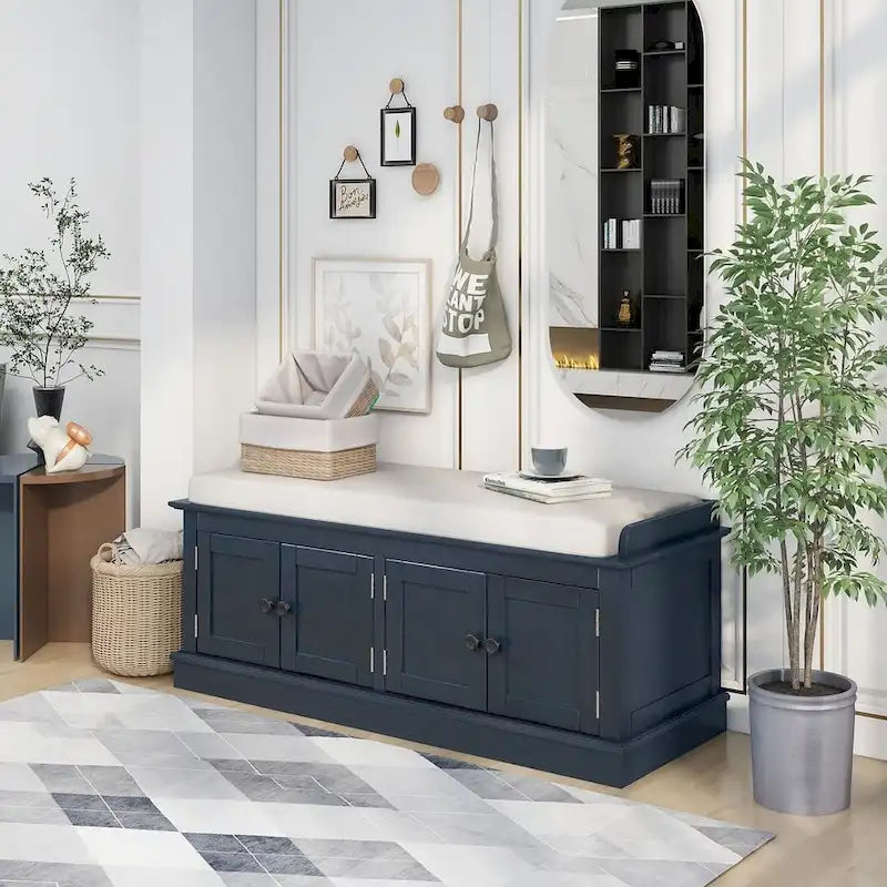 Banc de rangement capitonné multifonction 4 portes Farmhouse 42.70 avec étagères réglables et range-chaussures pour entrée
