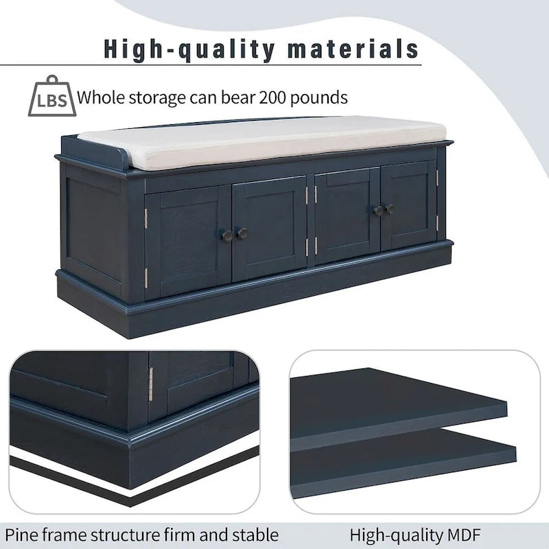 Banc de rangement capitonné multifonction 4 portes Farmhouse 42.70 avec étagères réglables et range-chaussures pour entrée