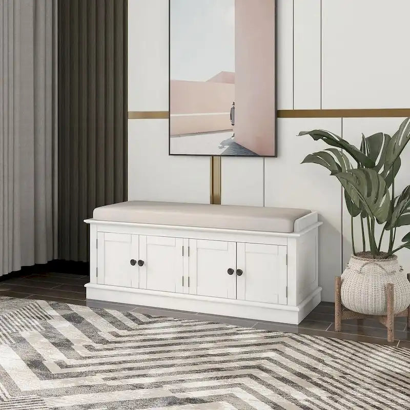 Banc de rangement capitonné multifonction 4 portes Farmhouse 42.70 avec étagères réglables et range-chaussures pour entrée
