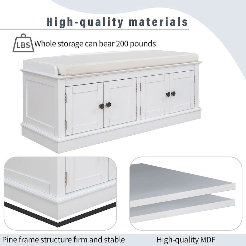 Banc de rangement capitonné multifonction 4 portes Farmhouse 42.70 avec étagères réglables et range-chaussures pour entrée