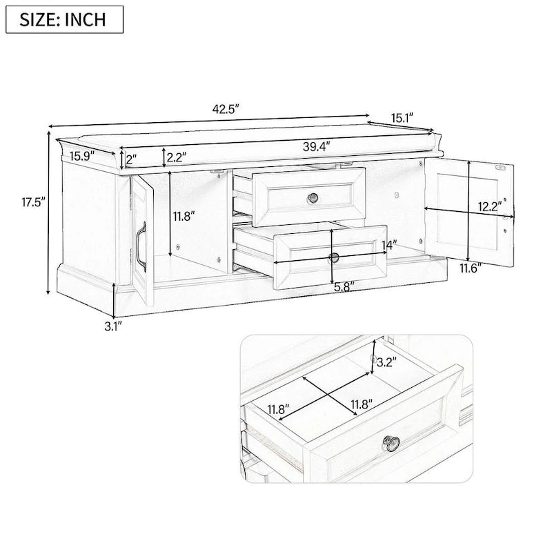 Banc de rangement capitonné de style campagnard avec 2 tiroirs et 2 placards