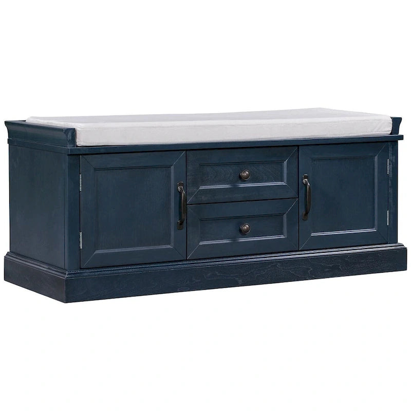 Banc de rangement capitonné de style campagnard avec 2 tiroirs et 2 placards